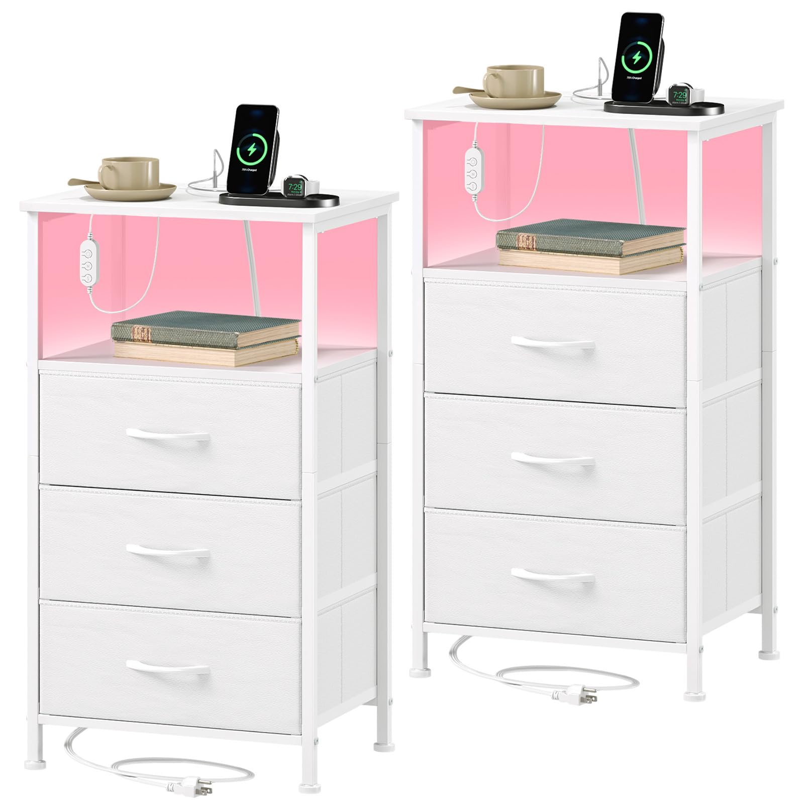 Somdot 3 Drawers Chest of Drawers for Bedroom with Charging Station and LED Light, Bedside Table Set of 2 with 2 Outlets and 2 USB Ports, Bed Side Table Cabinet for Kids Room Closet, White Leather