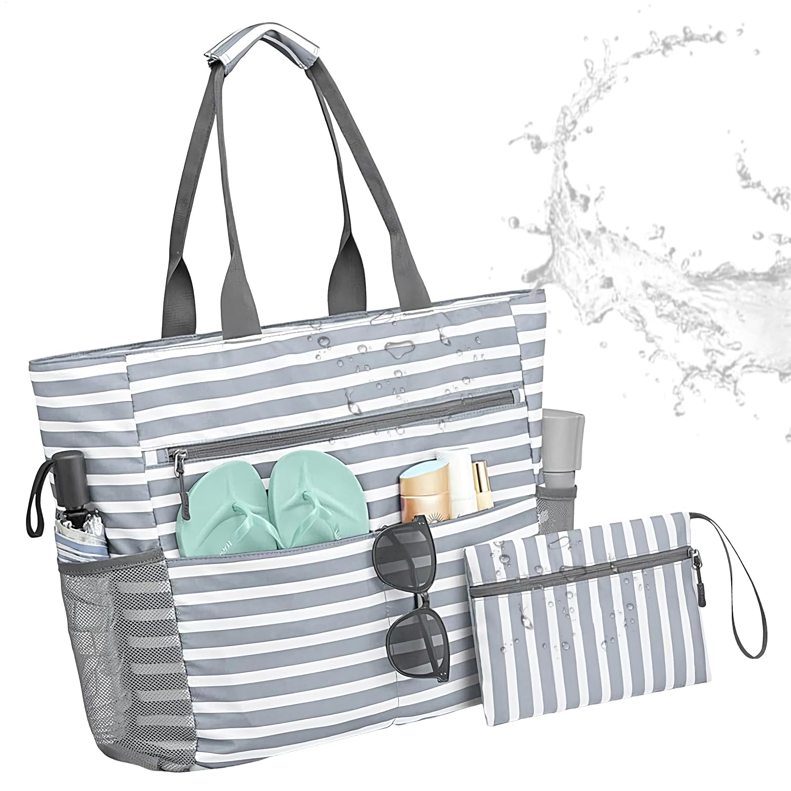 Strandtasche Für Damen | Schwimmbad Strandtasche Mit Münzgeldbeutel,Faltbare Wasserdichte Tragetasche Mit Reißverschluss Für Reisen Camping Picknick Pool Wandern Pendeln Gym Urlaub Arbeit