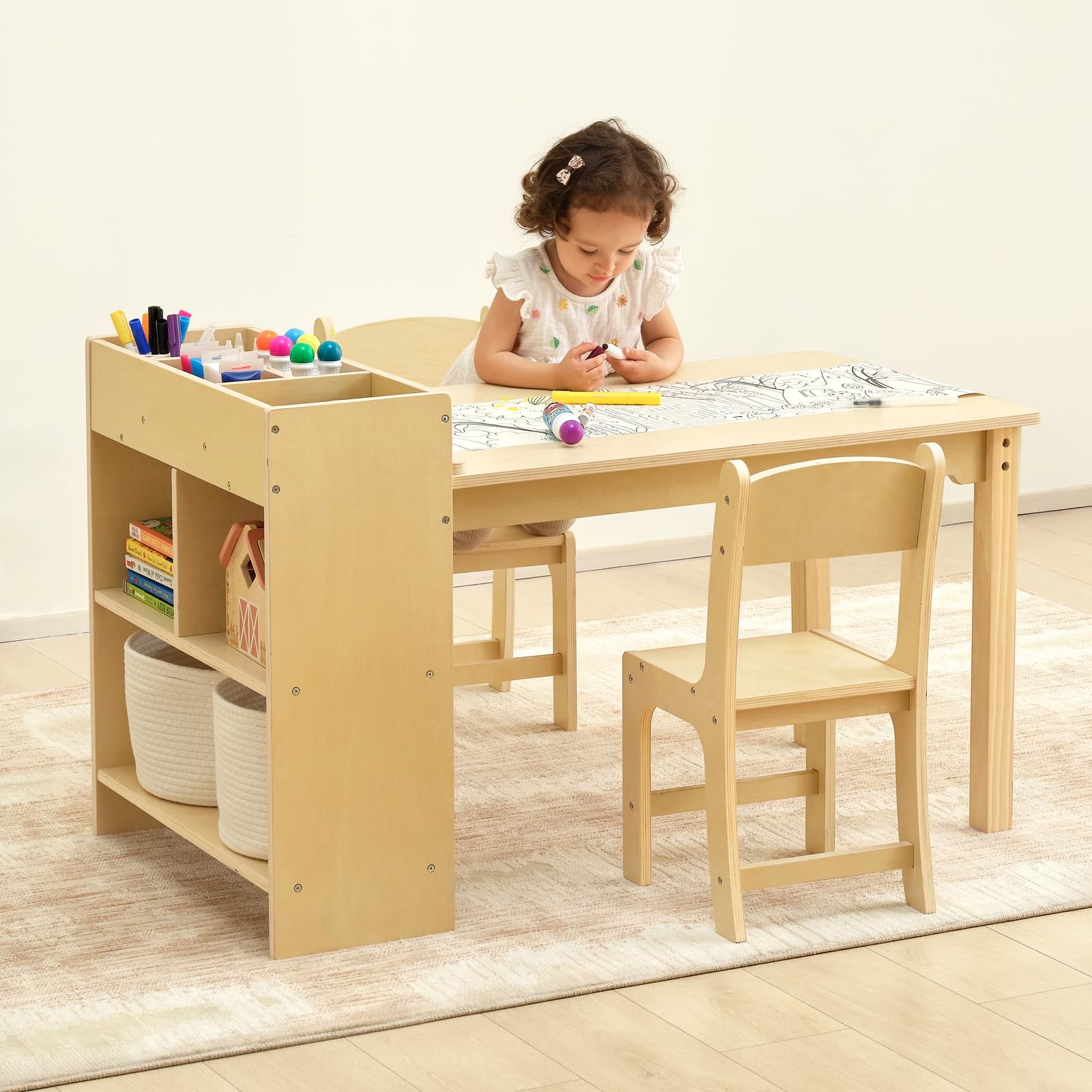 OOOK Kindertisch mit 2 Stühlen, Basteltisch Kindersitzgruppe mit Stauraum aus Holz, Aktivitätstisch Maltisch für Kinderzimmer, Klassenzimmer, Kindergarten