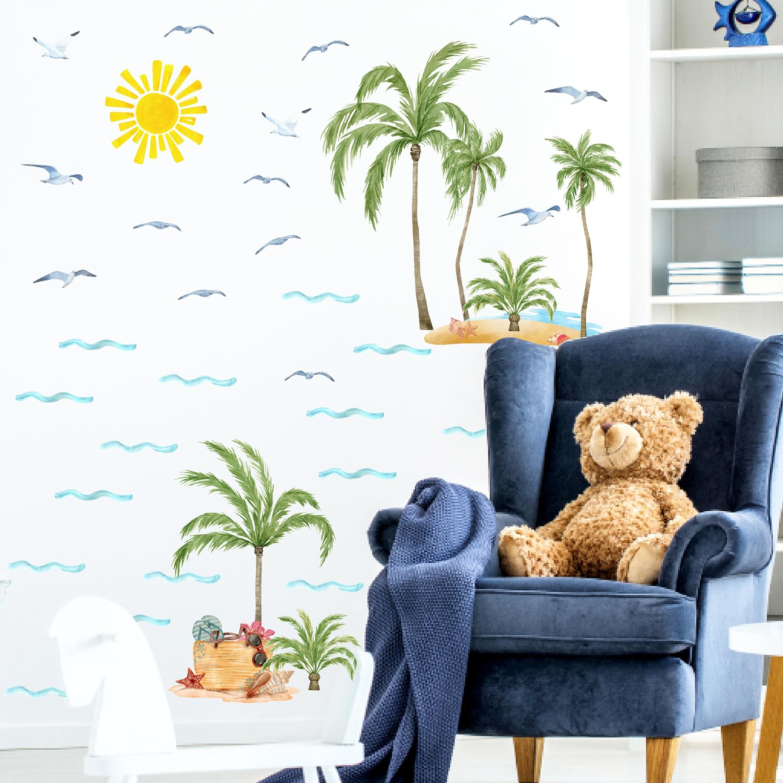 MOSITU Palm Tree Wall Stickers 47 Pcs Large Tropical Coconut Watercolour Sun Seagull Waves Beach Decals Removable Vinyl for Bedroom Living Room Spring Summer Decor - Image 2