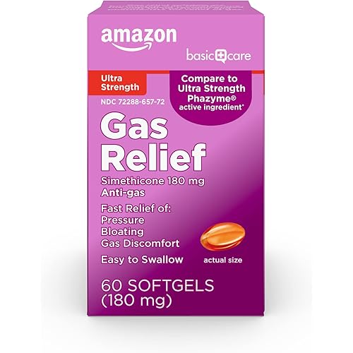 Amazon Basic Care Gas Relief, Ultra Strength Antigas and Bloating Relief for Adults, 180 mg Simethicone Fast Gels, 60 Count
