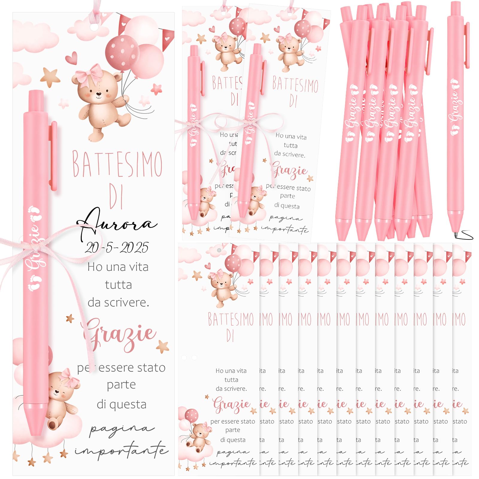 Set Bomboniere Baby Shower Per 50 Ospiti: Cartello, Penne In Bambù, Biglietti Di Ringraziamento E Sacchetti