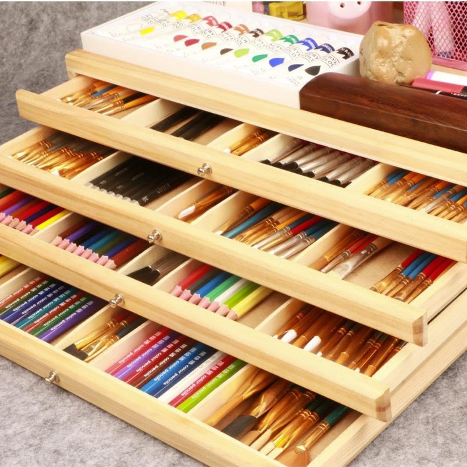 Künstlerbedarf Aufbewahrungsbox Organizer Holz Schubladen Pastellstifte Marker Pinsel Box Tragbar Vielfältige Kompartimente für Malstudium Atelier