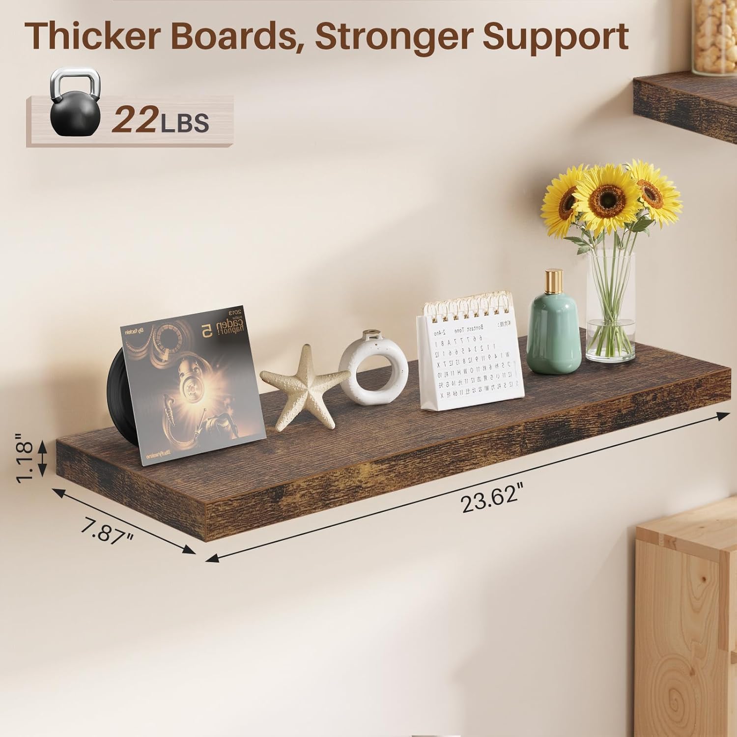 FurnitureR Wooden Floating Wall Shelves, Decorative Wall Storage Rack, Rustic Wall Mounted Display Ledge for Bedroom, Living Room, Bathroom, Kitchen, and Entryway, 23.62 Inch Wide, Set of 2, Brown