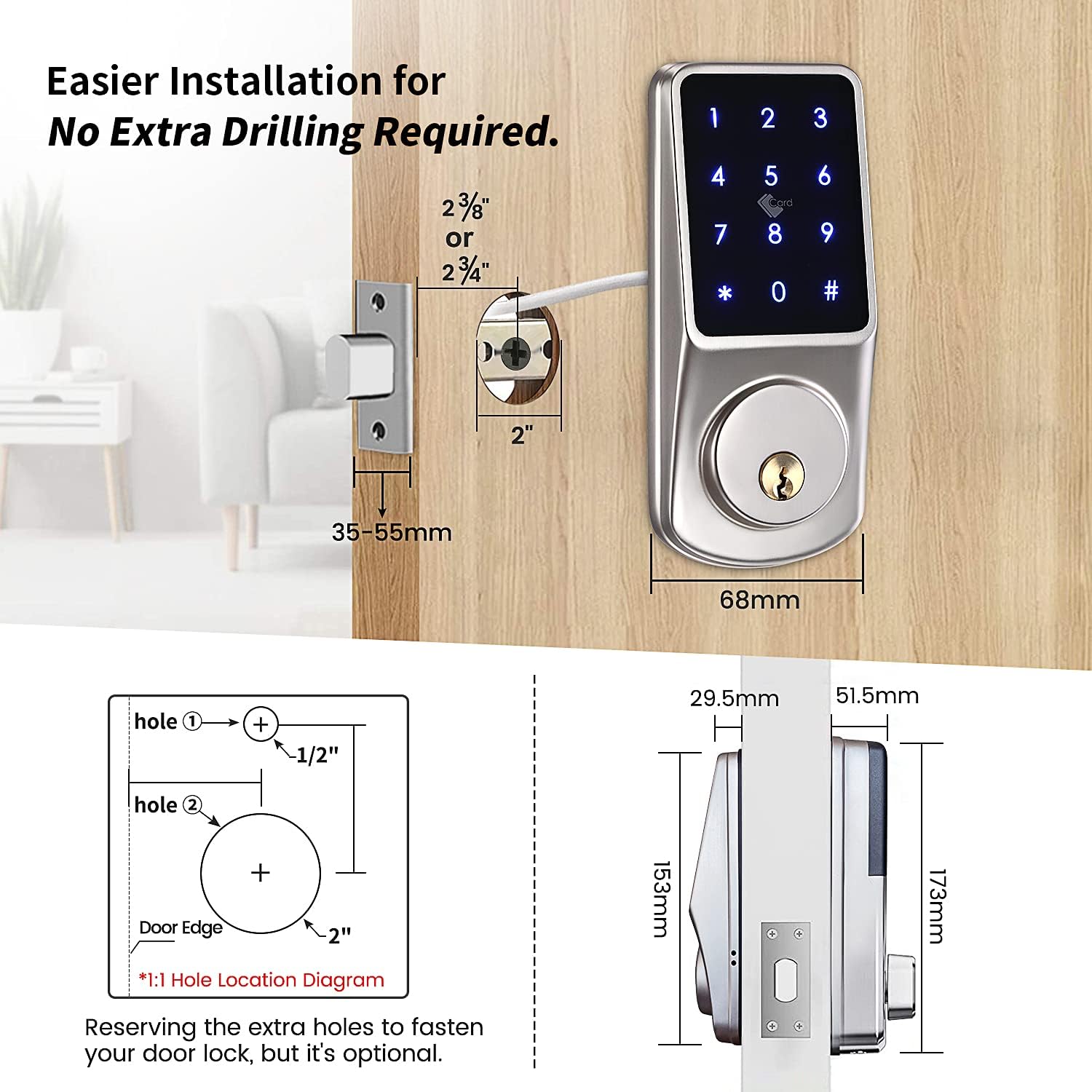 Four panels showing different unlocking methods: Anti-Peep Digit Code, IC Cards, TTLock App, and Mechanical Keys.