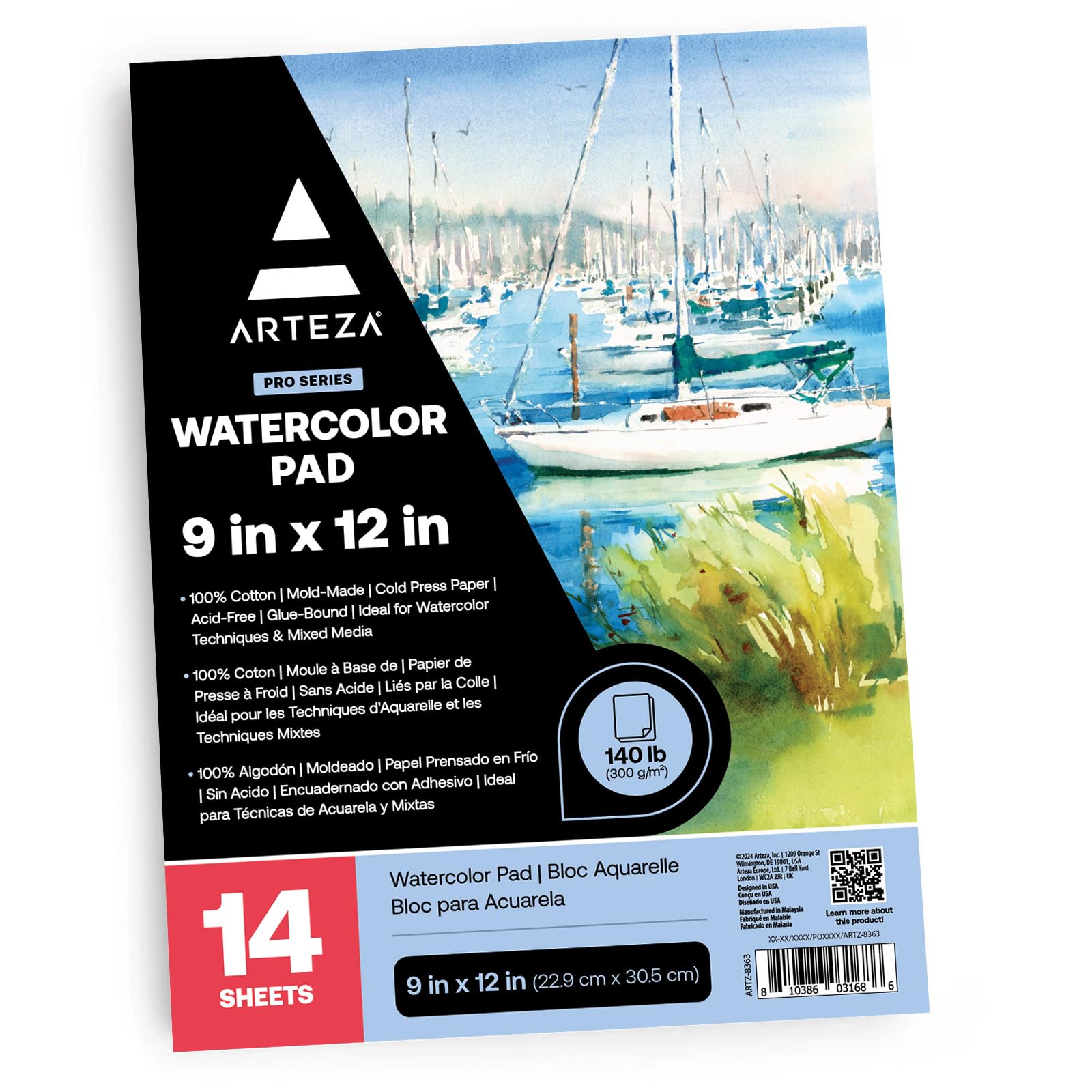 Arteza Watercolour Pad [22.9 x 30.5 cm, 14 Sheets] Cold-Pressed, 100% Cotton, 300 GSM Art Paper, Art Supplies for Mixed Media, Acrylic Painting, Watercolour Painting, Drawing, & Sketching