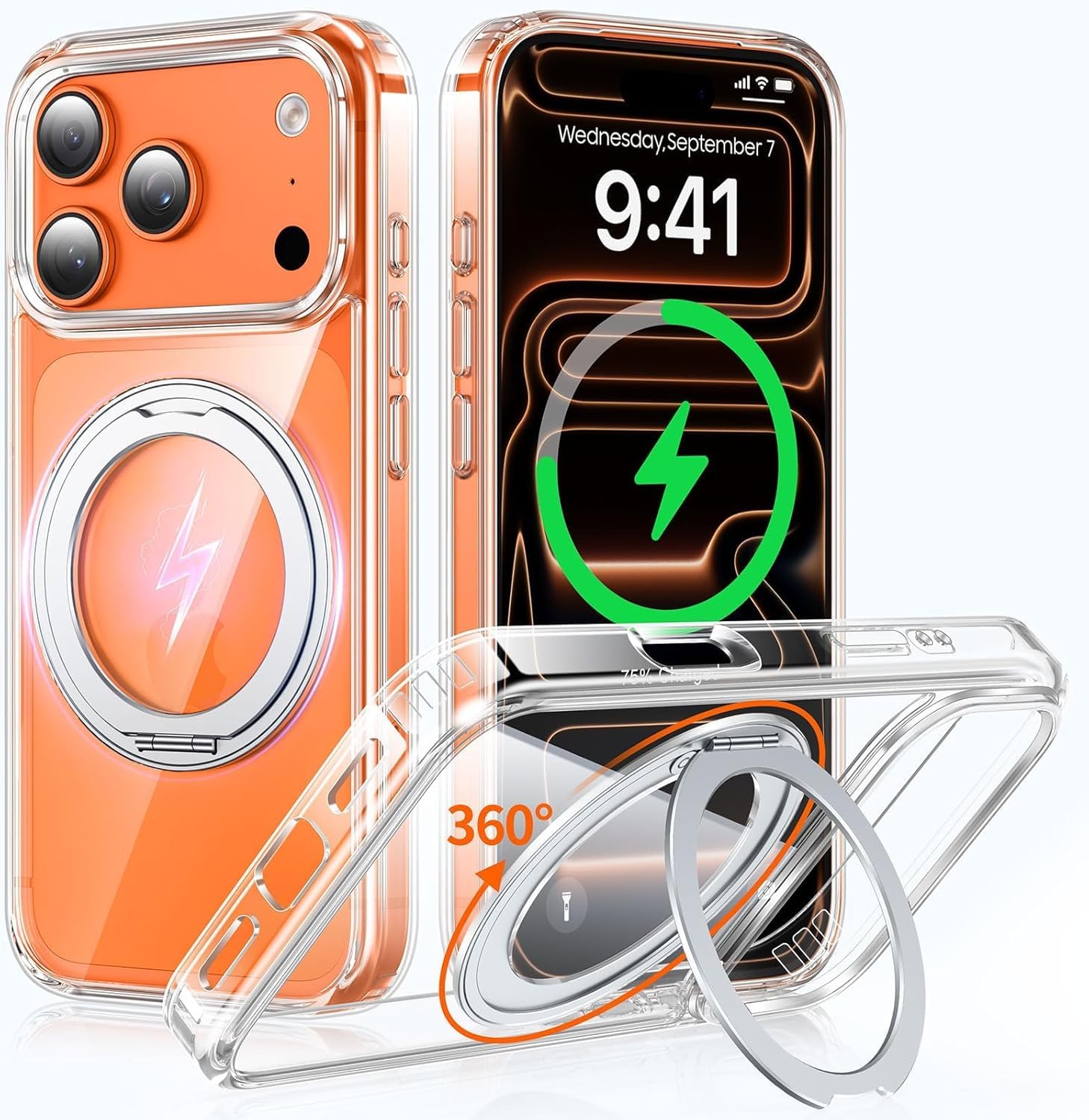 enflamo crystal clear magnetic case for iphone 17 pro | 360° rotating ring stand | military grade drop protection | anti-yellow transparent cover