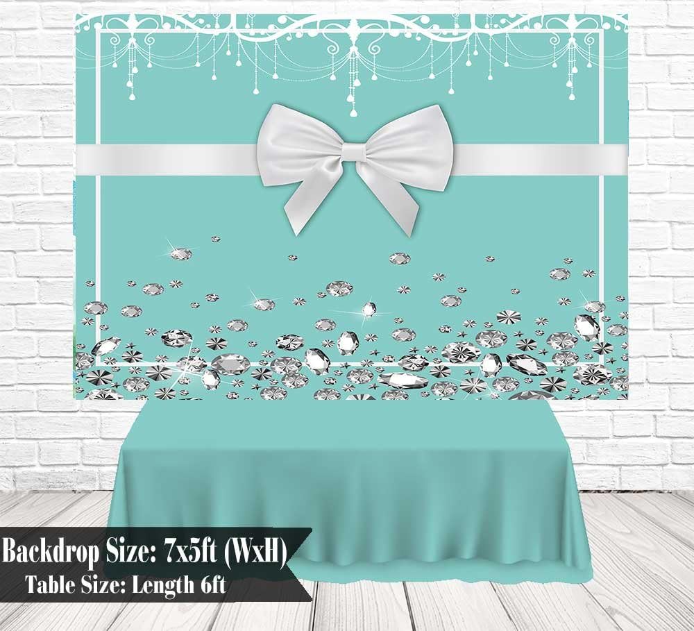 Funnytree 7x5ft Breakfast Bowknot Co Blue Backdrop Turquoise Bow Diamonds Sweet 16 Birthday Party Background Bridal Shower Wedding Cake Table Decorations Photo Booth Banner