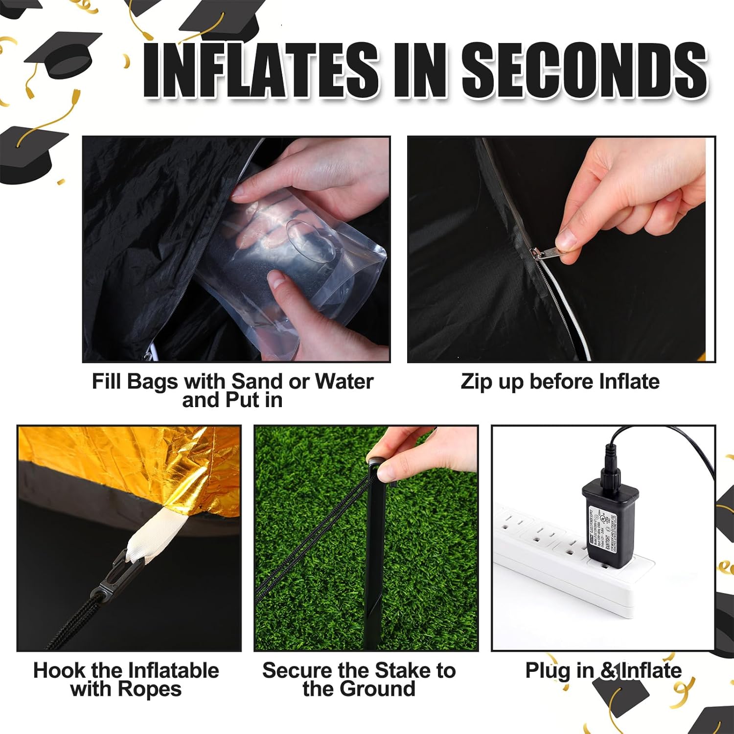 MiniInflat 13 ft Wide 2026 Graduation Inflatable Decoration with Built in LED Lights Black and Gold Congrats Grad Caps Blow Up for Garden Yard Party Indoor Outdoor Decor 6ft Height