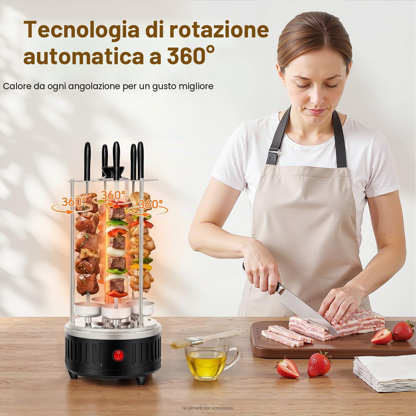 Griglia elettrica verticale, griglia verticale per girarrosto elettrico, con 5 spiedini, 5 vaschette raccogli grassi, per kebab, shawarma, girarrosto, 20 x 37,5 cm