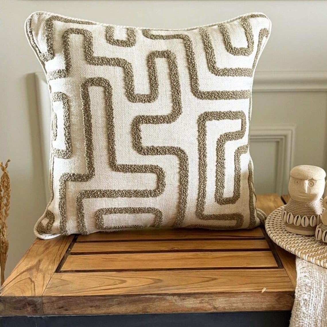 Olive Green Decorative Throw Pillow Cover 22"x22" | Contemporary Linen Cushion Cover Geometric | Boho, Boucle Embroidery, Textured, Tufted, Maze Pillowcases for Bedroom & Living Room - Earth Maze