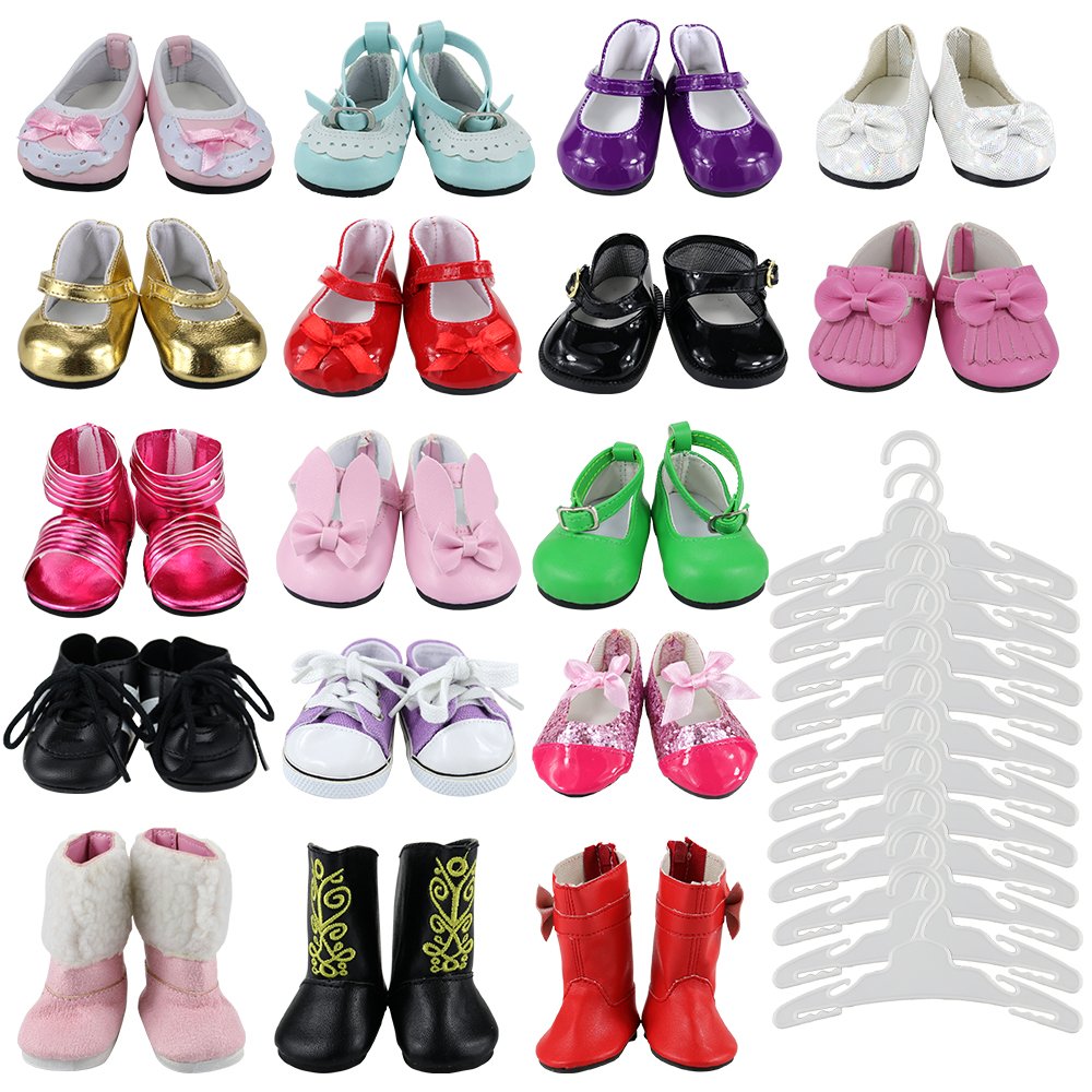 Barwa Lot 17 Items Doll Shoes Sets 5 Pair Outdoor Lovely Shoes Random Style+ 12 Pcs Clothes Hangers for American 18 Inch Girl Doll