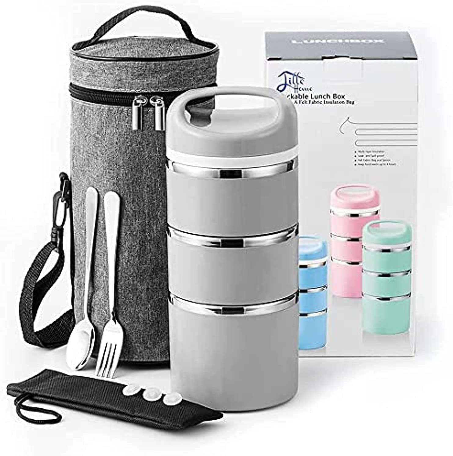 Boîte à déjeuner isotherme inox 3 niveaux avec sac thermique Lille Home gris