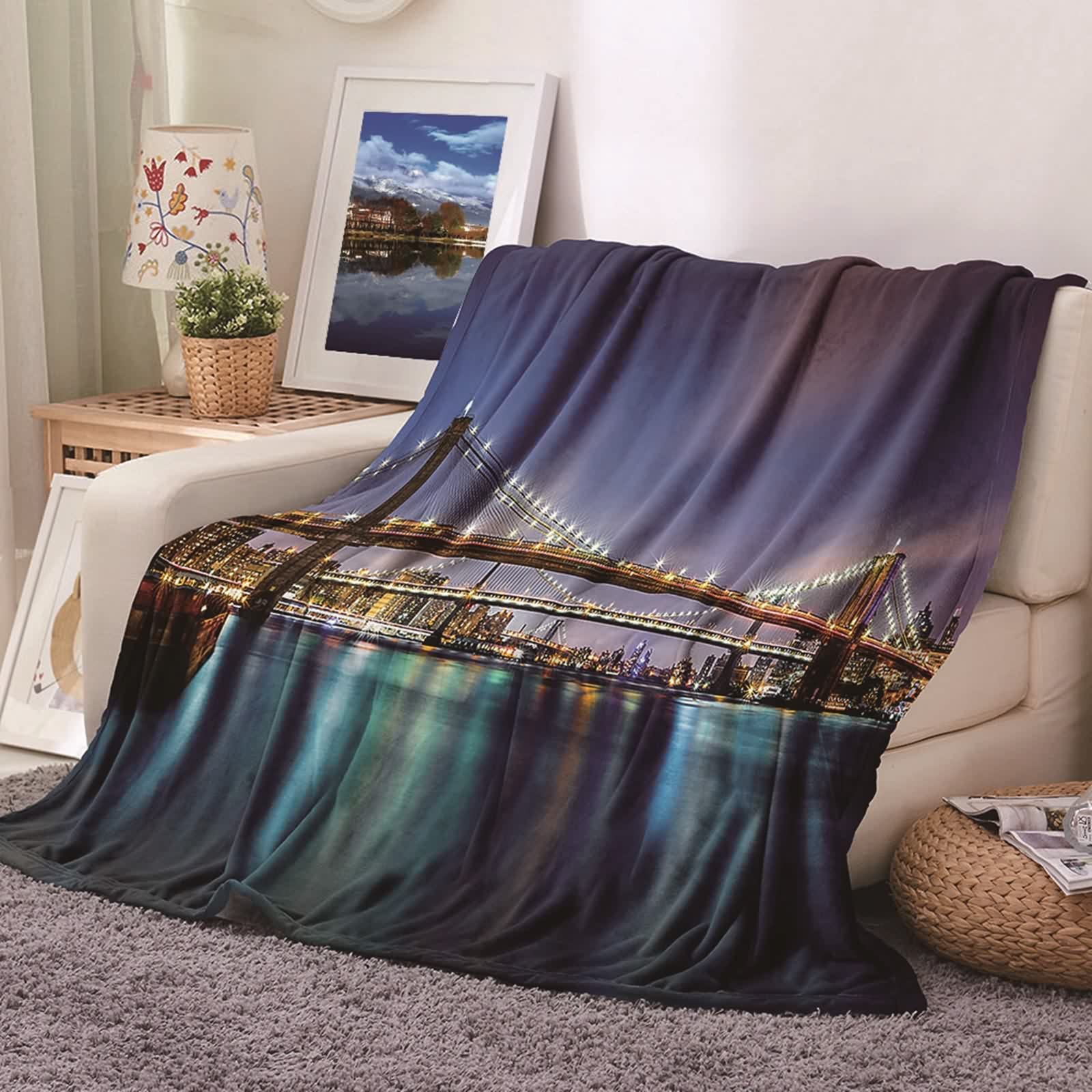 Plaid polaire flannel de luxe KnSam 180x240cm grand couvre-lit motif paysage urbain