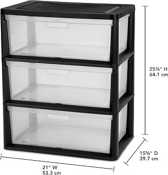 Plastic 3 Drawer Wide Tower Plastic Storage Cart with Clear Pull Out Drawers, Black