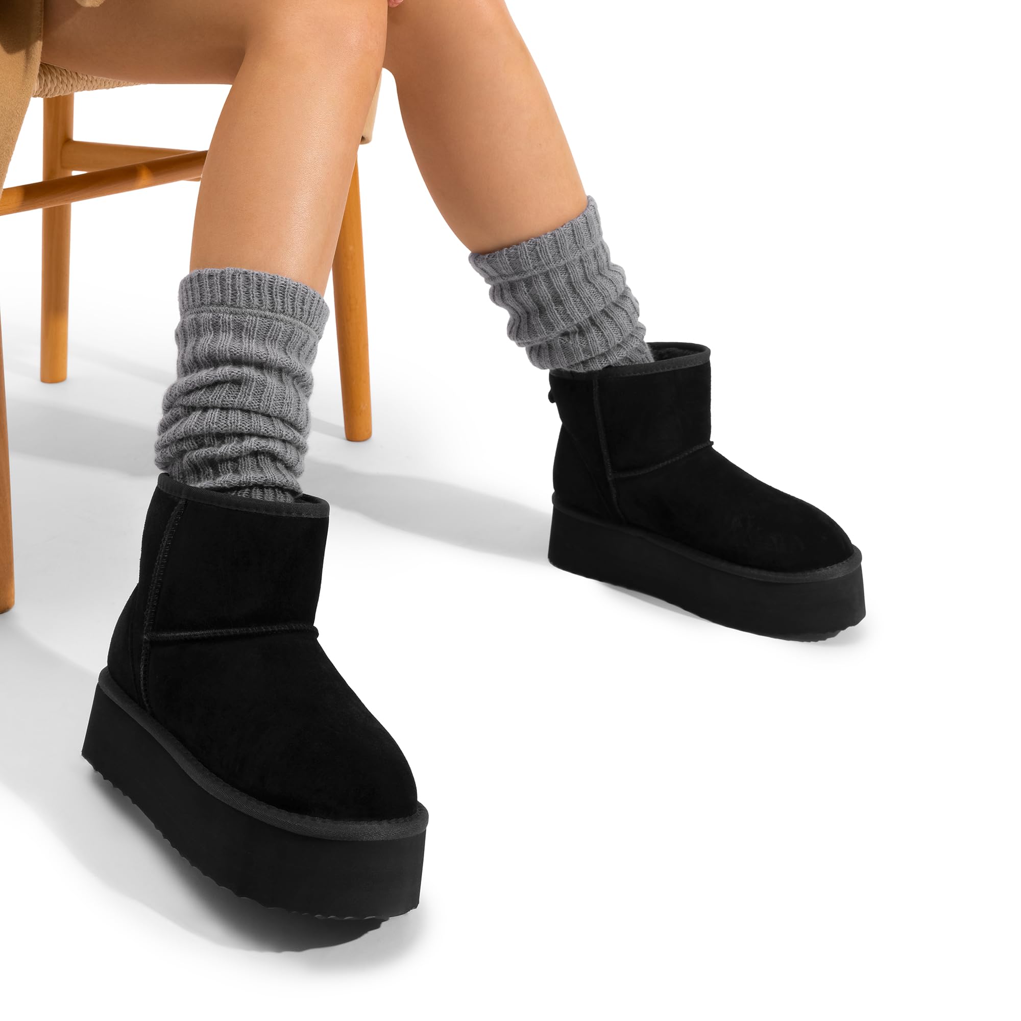 DREAM PAIRS Invernali Stivali da Classici con Plateau da Donna Resistenti Bassi Stivali da Neve Alla Caviglia con Fiocchi Fai da Te FuzzyClassic