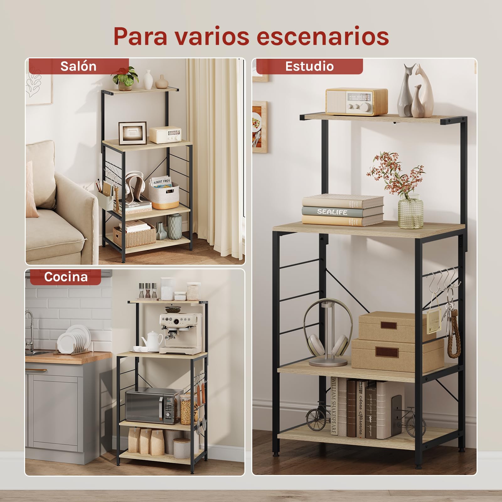 WOLTU Estante de Cocina de Microondas Estante Metálico de Madera y Acero con 3 Niveles 60x40x123cm, Negro + Roble Claro