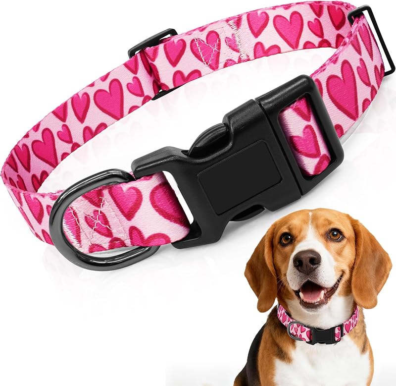 Coleira para Cães de Nylon Macio com Estampa de Corações, Ajustável, Kazazoo Hot Pink tamanho M