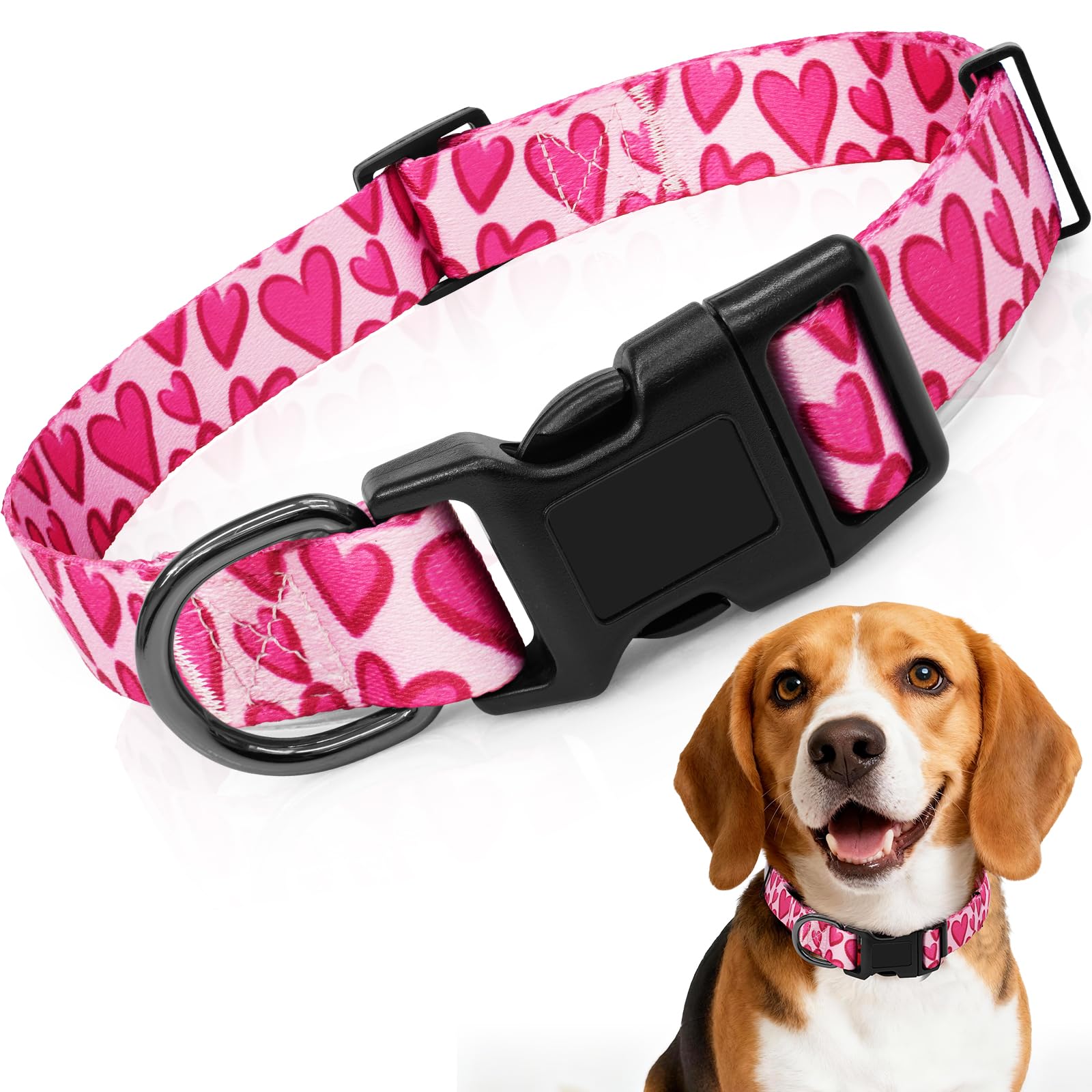 Kazazoo Dog Collar Cute and Soft Nylon Puppy Collar Girl Dogs, Adjustable Dog Collars for Medium Dogs, Hot Pink Heart-M