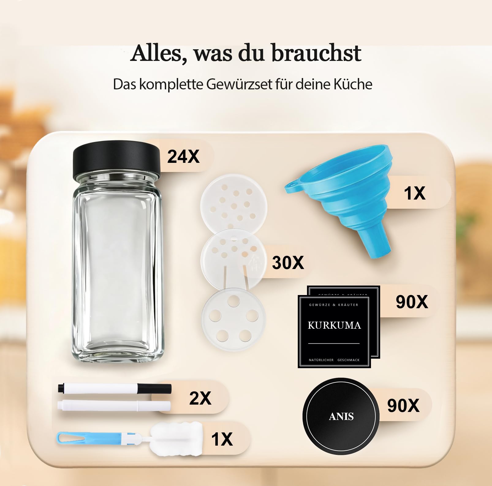 Lot de 24 pots à épices rectangulaires et étanches à l'air avec couvercles en métal noir mat, étiquettes et inserts à saupoudrer, 120 ml, avec entonnoir et brosse de nettoyage