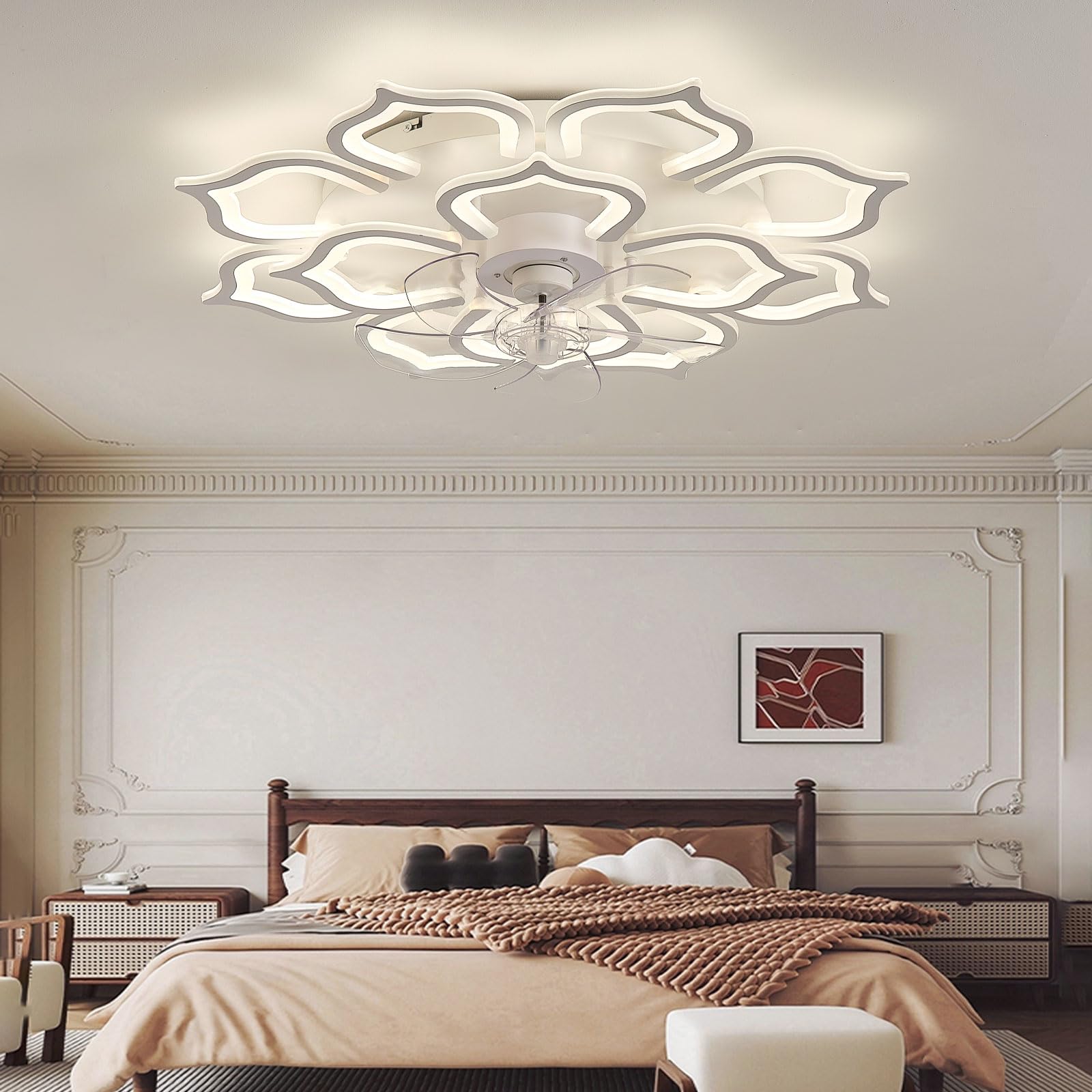 HXYSXHJUO Ceiling Fans with Lights and Remote, 6 Speeds 3000K-6500K, Dimmable LED Quiet Fan Light for Bedroom Living Room, Reversible DC Motors, Artistic Lotus Petal Theme