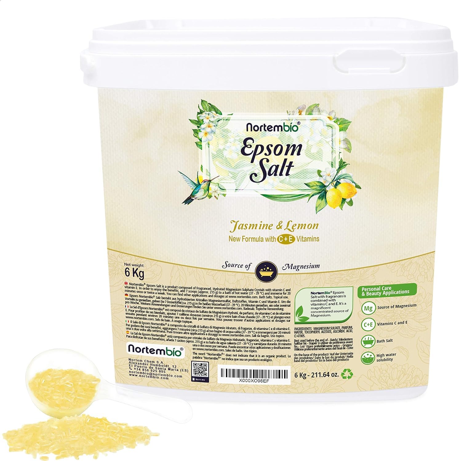 Nortembio Sali di Epsom 100% Fragranza Gelsomino e Limone 6 kg – Fonte Naturale di Magnesio | Con Vitamina C ed E Idratante | Per Bagni Rilassanti, Spa e Cura della Pelle + E-Book Gratuito