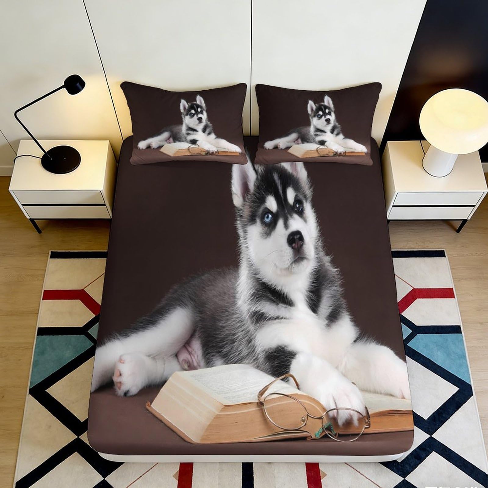 Pnayamiorkfel Style-3 3D Printed Husky Puppy Fitted Sheet Microfiber Soft Brown Dog Book Bed Cover For Bedroom Guest Room Decor 90X200x25cm