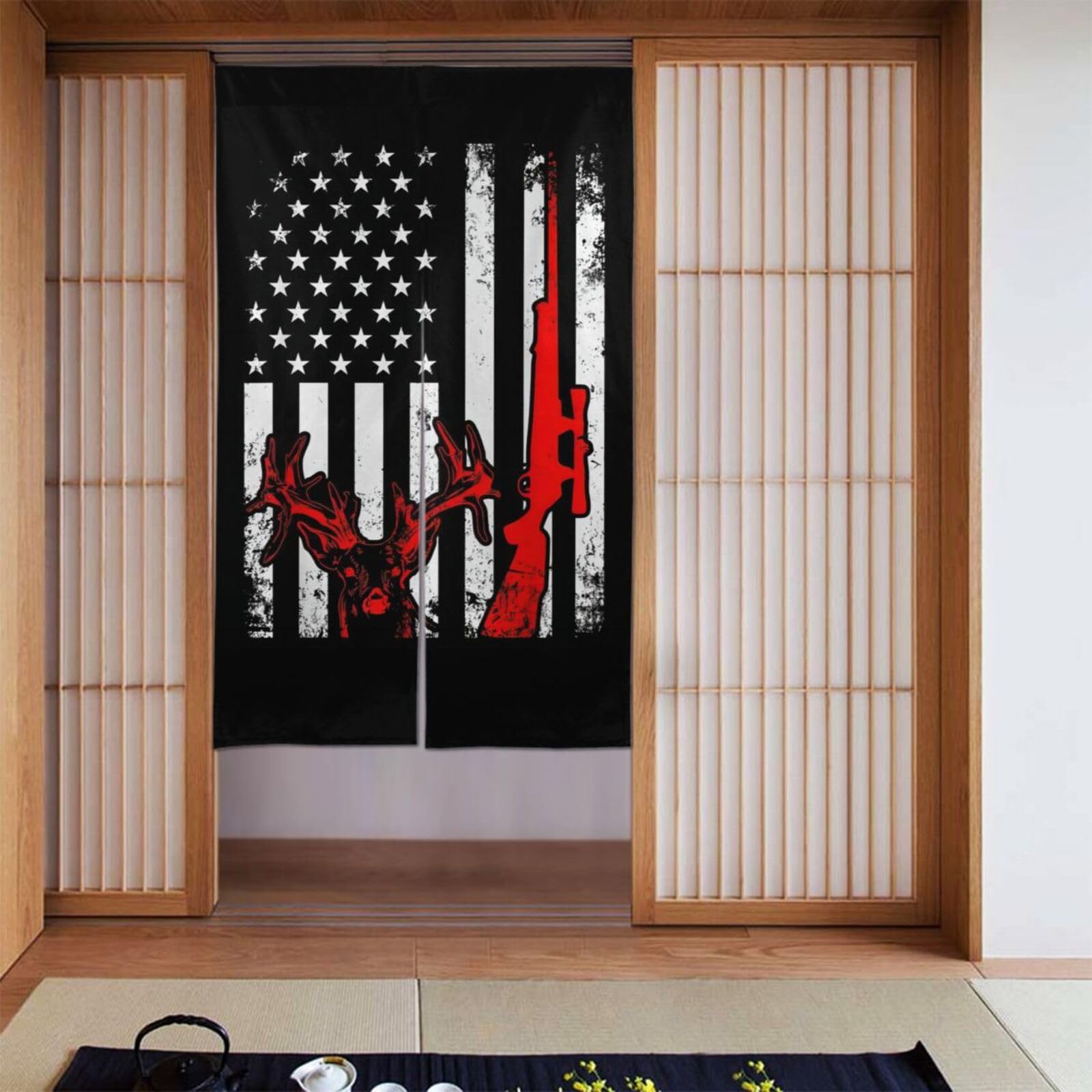 Lukiyys Grunge Deer Hunting American USA Flag with Gun Door Curtains,Doorways Curtains for Windows,Bedroom Divider 34"X 56"