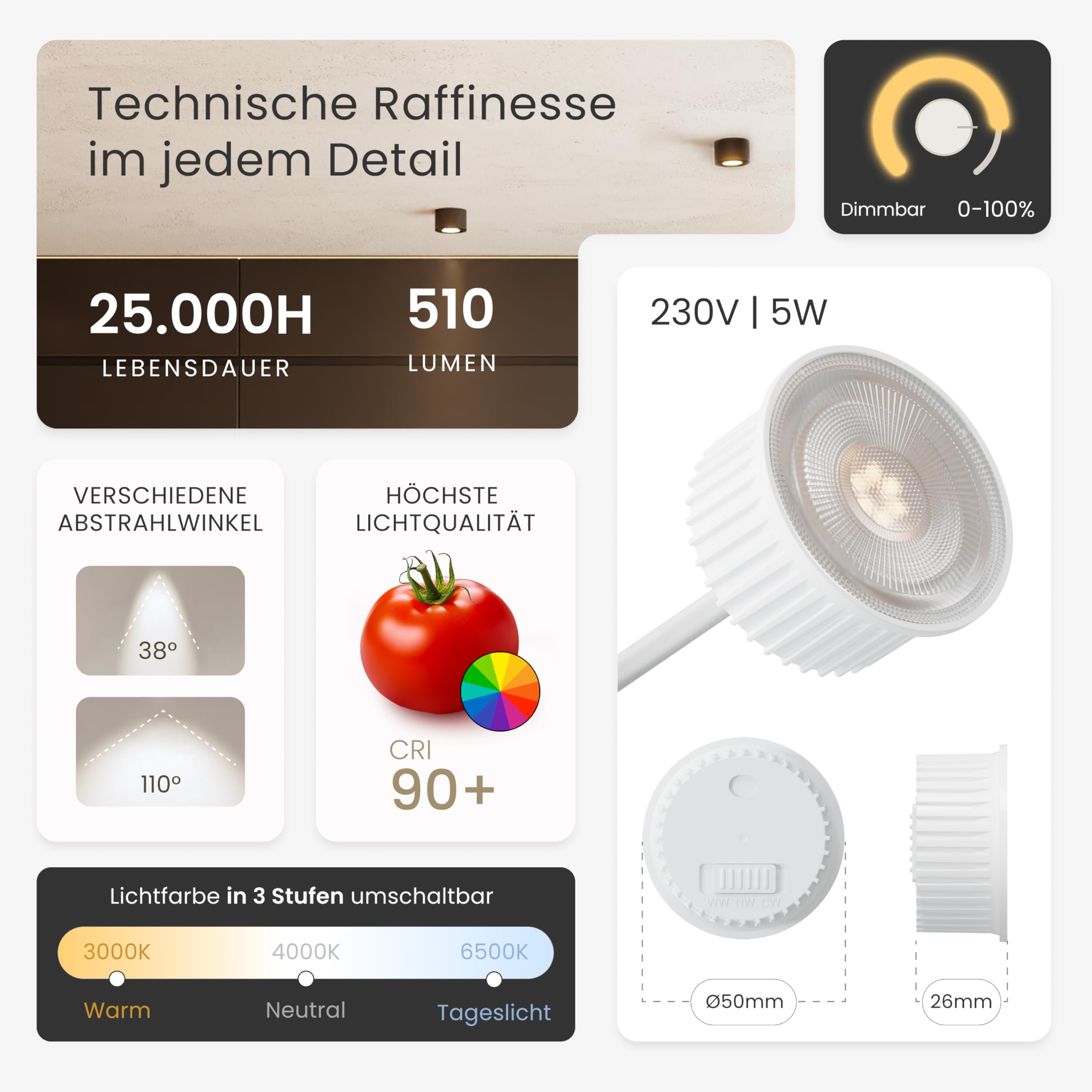 MATO Aufbauspot schwarz extra flach schwenkbar Ø80x50mm 5W LED Modul 230V 3000K/4000K/6500K Deckenspots