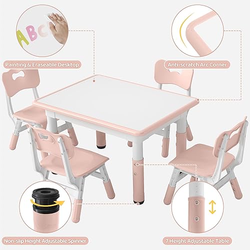 Miniatura 6 de DOREROOM Juego de mesa y 4 sillas para niños de altura ajustable, juego de mesa y silla para niños pequeños con superficie de graffiti, 31.5''L x