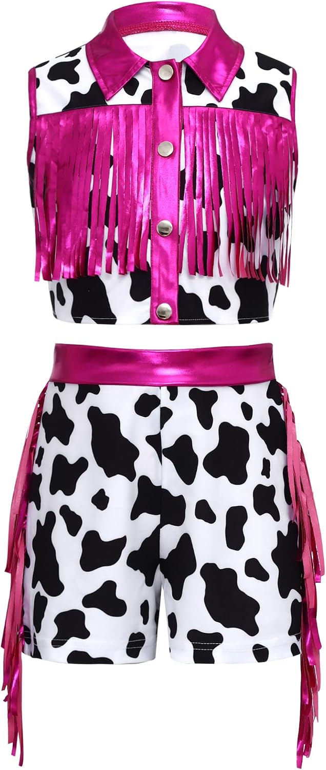 Kids Girls 2 Pieces Print Western Cowgirl Outfit Cow Printing Sleeveless Fringed Top and Shorts for Parties Hot Pink 6 Years