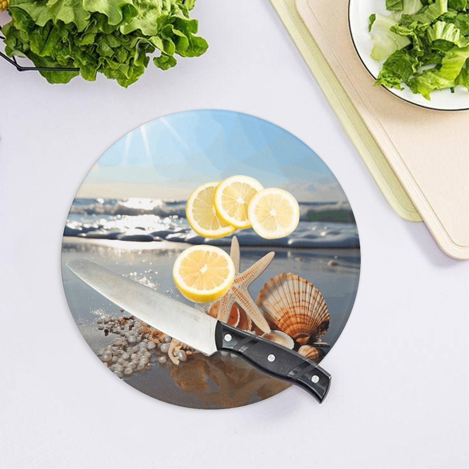 Seashells on The Beach - Tabla de cortar redonda fácil de limpiar, tablas de cortar para cocina, tamaño grande 7.9, tablas de cortar esenciales de cocina, convenientes para carne y verduras