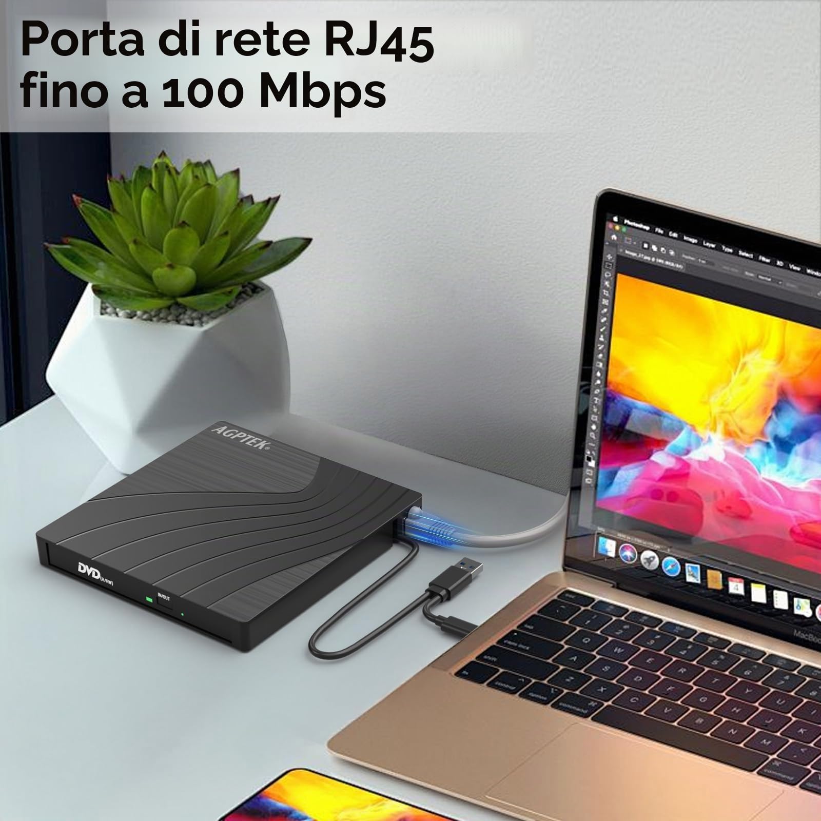 AGPTEK Unità CD/DVD esterna per laptop, lettore/scrittore CD/DVD per laptop, masterizzatore DVD sottile USB 3.0 con adattatore porte USB e slot per schede TF/SD, PC, MacBook, Windows, Linux, Mac OS