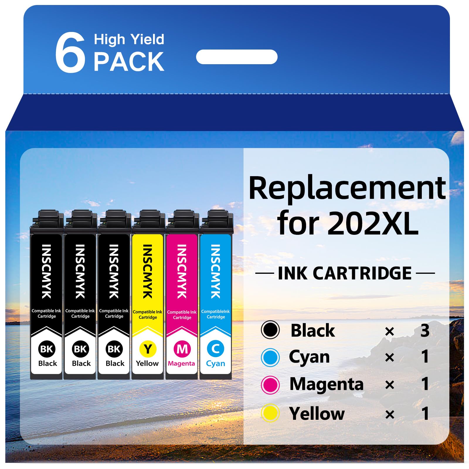 INSCMYK Remanufactured Replacement for Epson 202XL Ink Cartridges Multipack Replacement for T202XL Ink Cartridges for Epson WF-2860 XP-5100 (6 Pack)