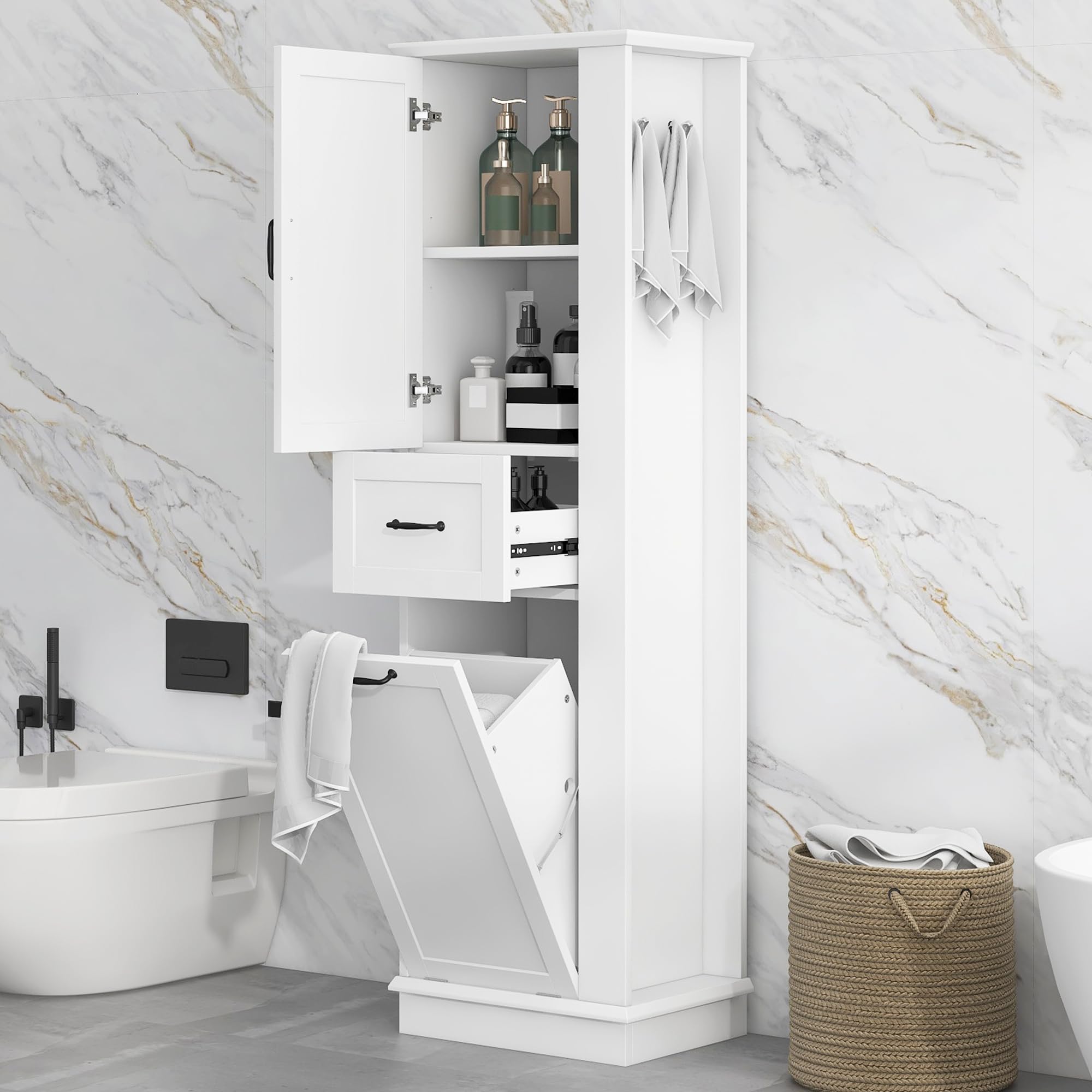 Oevsld Tall Storage Cabinet 67.8" H, with Tilt-Out Compartment & Drawer, Adjustable Shelves - Ideal for Kitchen, Pantry, Bathroom Storage (White + MDF