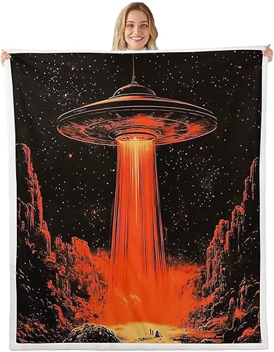 Miniatura 45 de Manta de franela de alienígena, misteriosa nave espacial estrellada con purpurina y planetas de cielo para decoración de habitaciones, manta