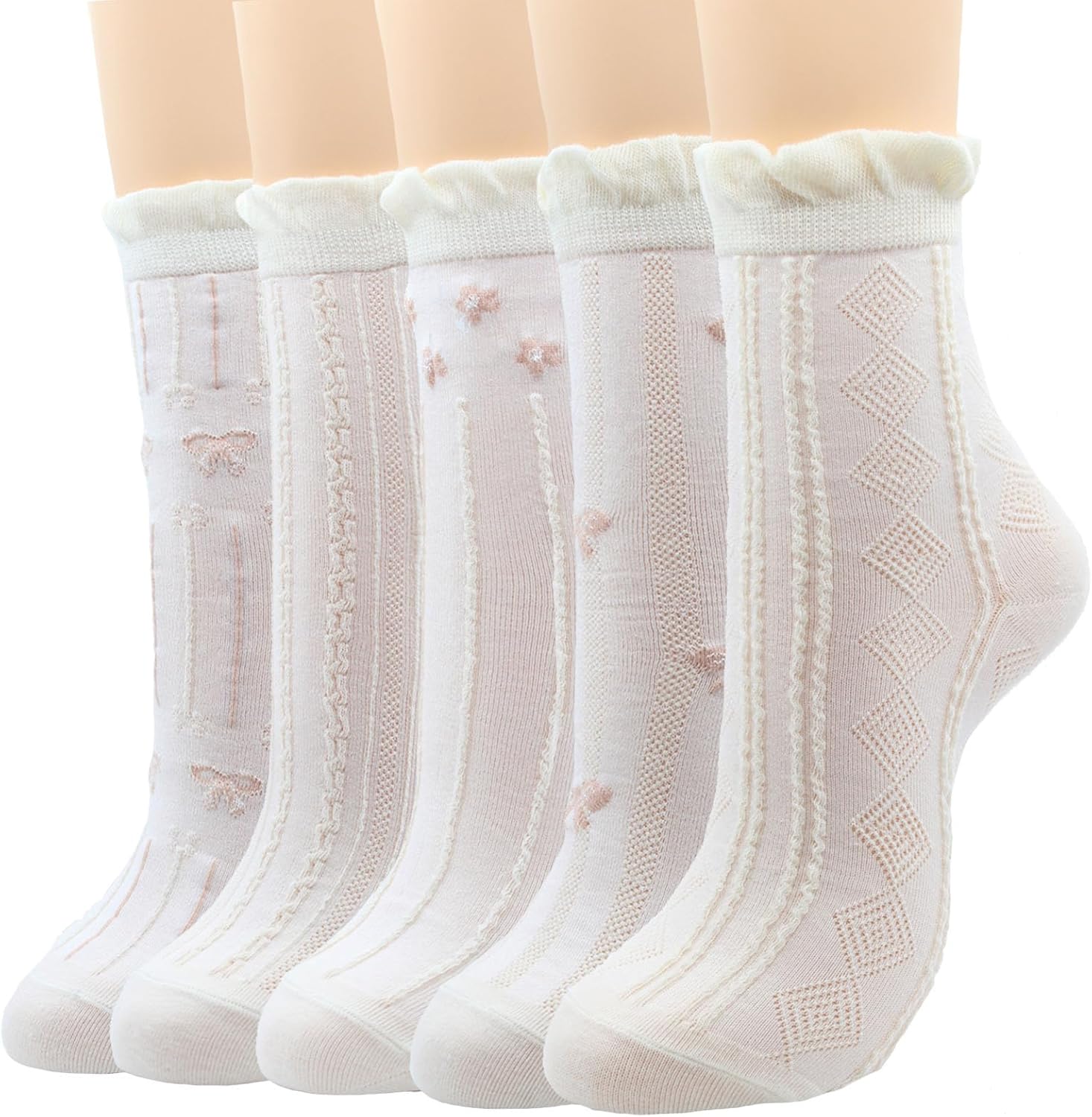 OZS Cute Floral Crew Socks,Comfortable Cotton Ruffle Frilly Socks Women,Bow Crew Socks,Lolita socks for Ladies Girls 5 Pairs.