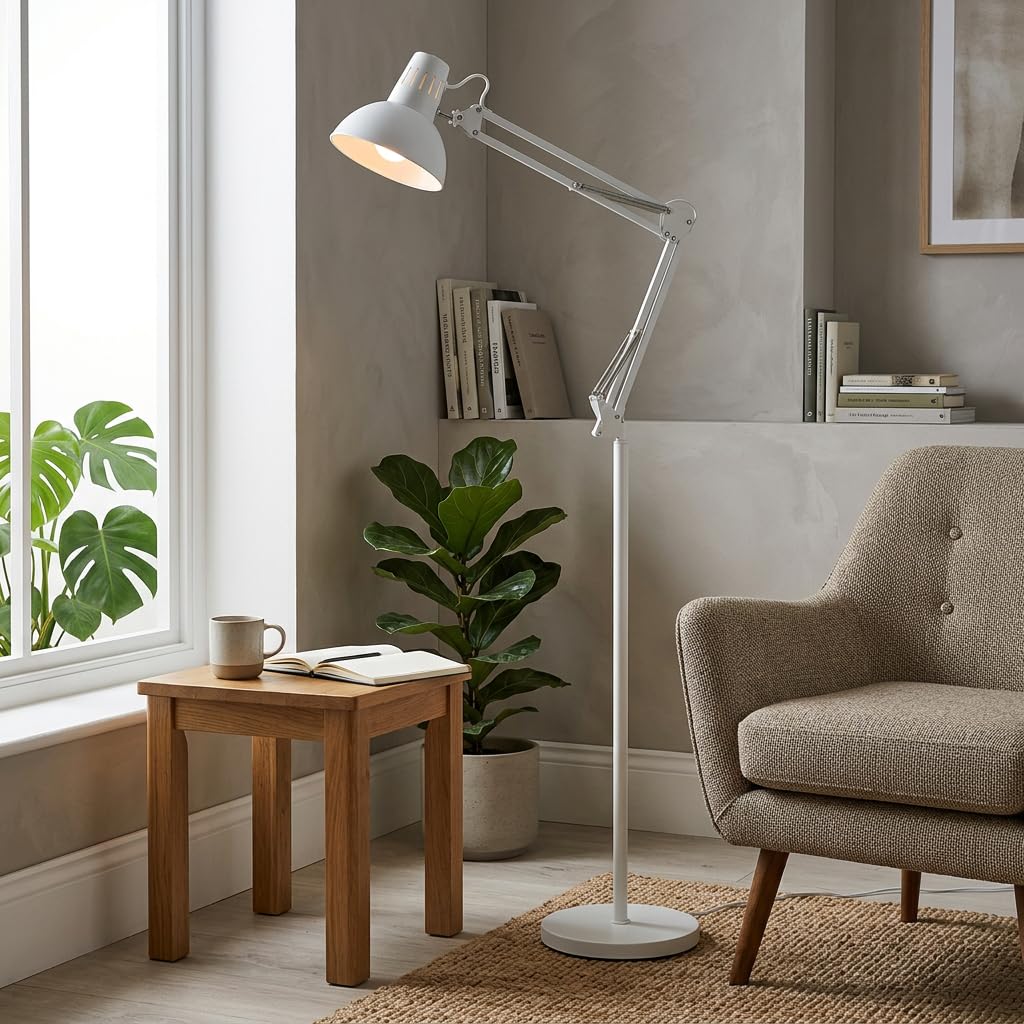 MAKA Lampada da Terra Moderna Piantana per Soggiorno Luce Lettura Orientabile Metallo Presa E27 Lampada da Ufficio Design Minimalista Illuminazione Interni Base Stabile 28x28x115cm 5kg (Bianco)