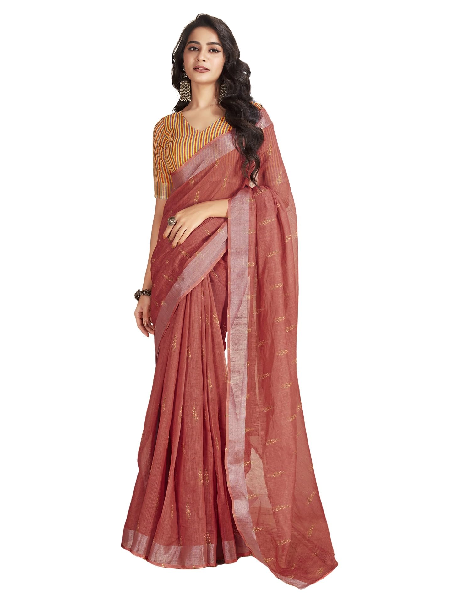 SIRILWomen's Cotton Printed Zari Striped Ready to Wear One Minute Saree With Unstitched Blouse Piece