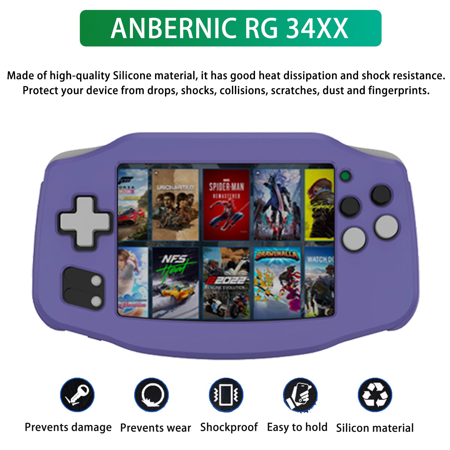 NOUKAJU Case for ANBERNIC RG 34XX Handheld Game Console, Retro Game Console Case with Lanyard,Anti-Drop, Anti-Scratch,Shockproof,Silicone Protective Cover for RG 34XX Handheld Game Console(Purple)