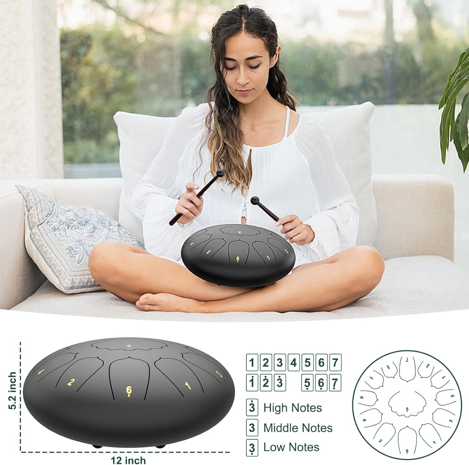 Large Steel Tongue Drum Handpan: 12 Inches 13 Notes Rain Drums for Outside Garden, Meditation Hand Pan with Music Book, Mallets and Carry Bag, Musical Instrument for Adult Kid Gift (Black) - Image 3