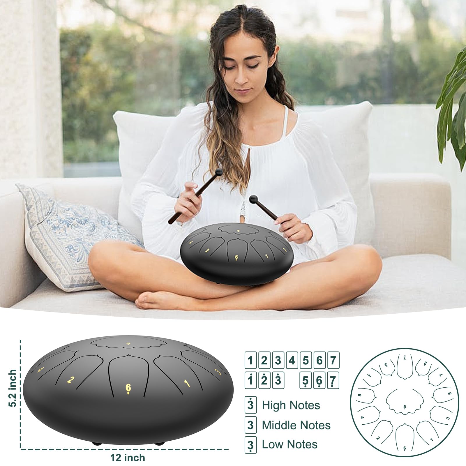Large Steel Tongue Drum Handpan: 12 Inches 13 Notes Rain Drums for Outside Garden, Meditation Hand Pan with Music Book, Mallets and Carry Bag, Musical Instrument for Adult Kid Gift (Black) 3