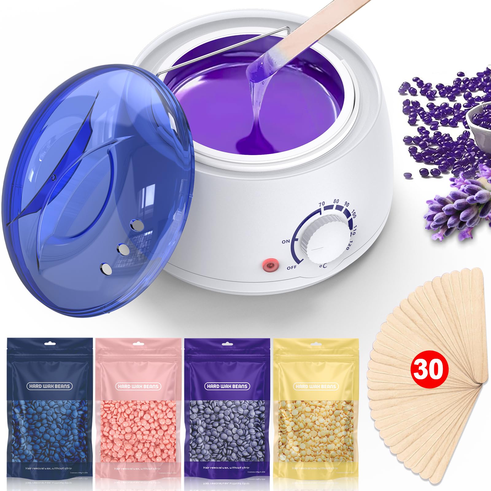 Waxing Kits Wax Melt Warmer: Wax Kit with 4 *100g Hard Wax Beans & 30 Pcs Waxing Sticks,Waxing Kit for Women -at Home Wax Warmer Hair Removal for Whole Body Brazilian Bikini Legs Facial Eyebrow Armpit