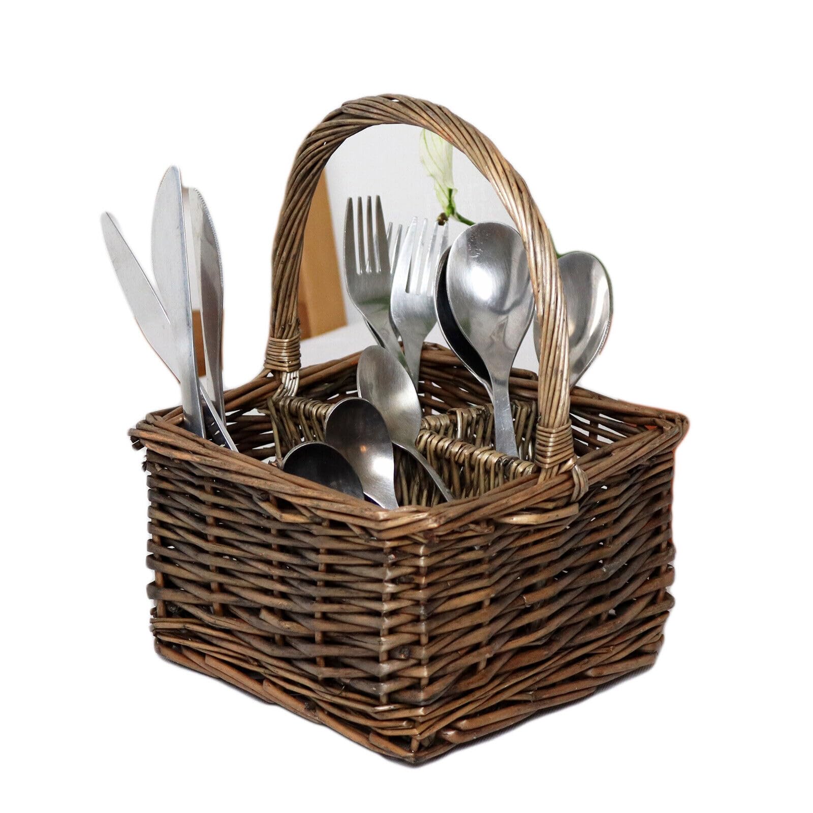 Darthome 4 Section Cutlery Basket 21cm Woven Willow Wicker Antique Wash Serving Table Storage