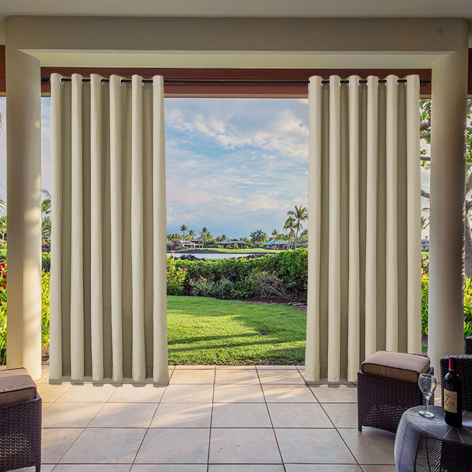 cololeaf Extra Long Outdoor Pergola Curtains, Exterior Patio Door Curtain Sunlight Blocking Panel for Front Porch Pergola Cabana Covered Patio Gazebo Dock, Beige 100W x 102L Inch (1 Panel)