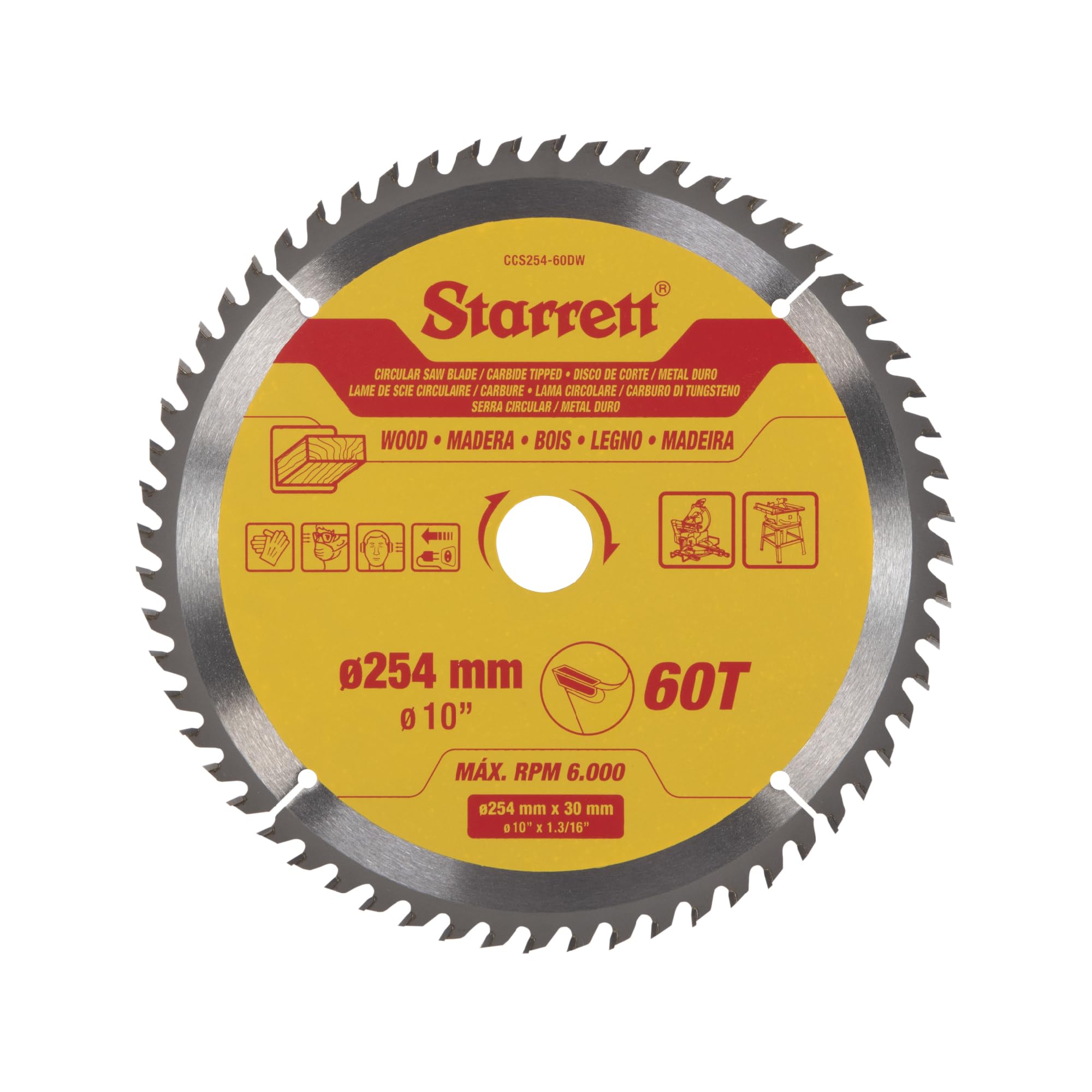 Starrett Lame de scie circulaire TCT 254 mm pour bois, 60 dents, alésage 16/19/25/30 mm