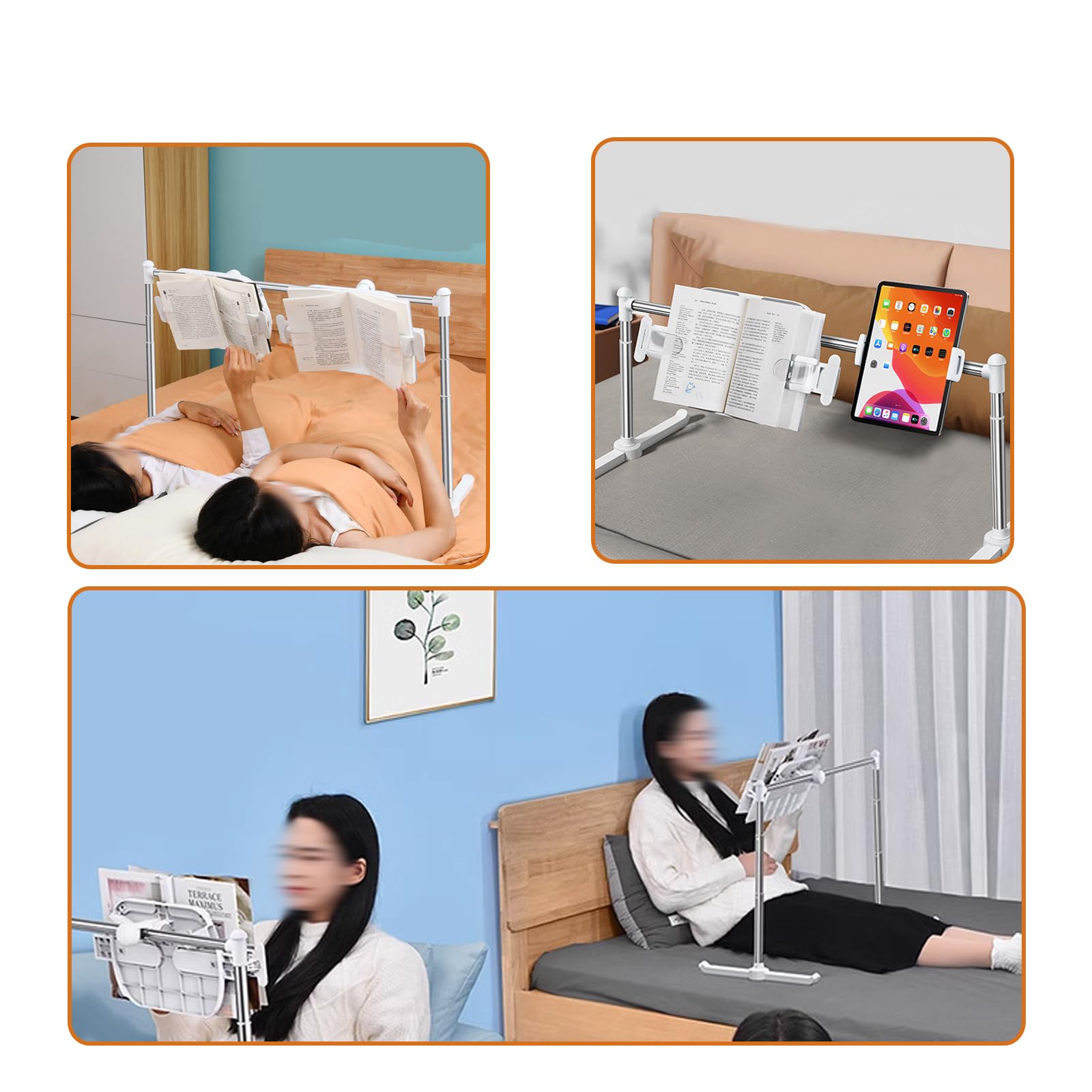 Soporte para libros para leer, altura ajustable y placa plana, diseño de doble cabeza, compatible con libros y tabletas para escritorio, sofá y suelo