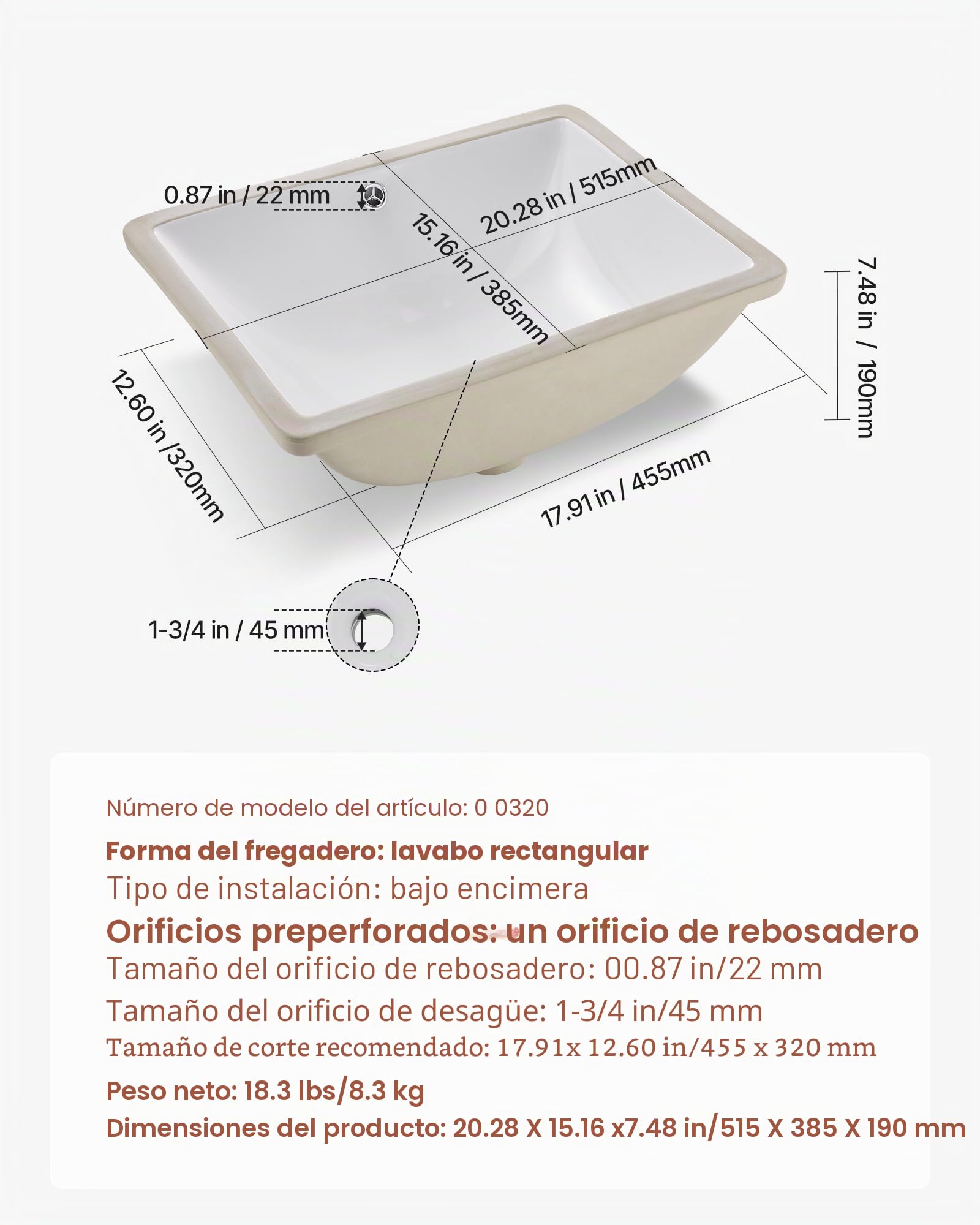 VEVOR Lavabo Bajo Encimera de Cerámica Rectangular, con Rebosadero, Fregadero de Cocina Moderno Bajo Encimera para Espacios Pequeños, Orificio de Desbordamiento, Color Blanco, 515 x 385 x 190 mm