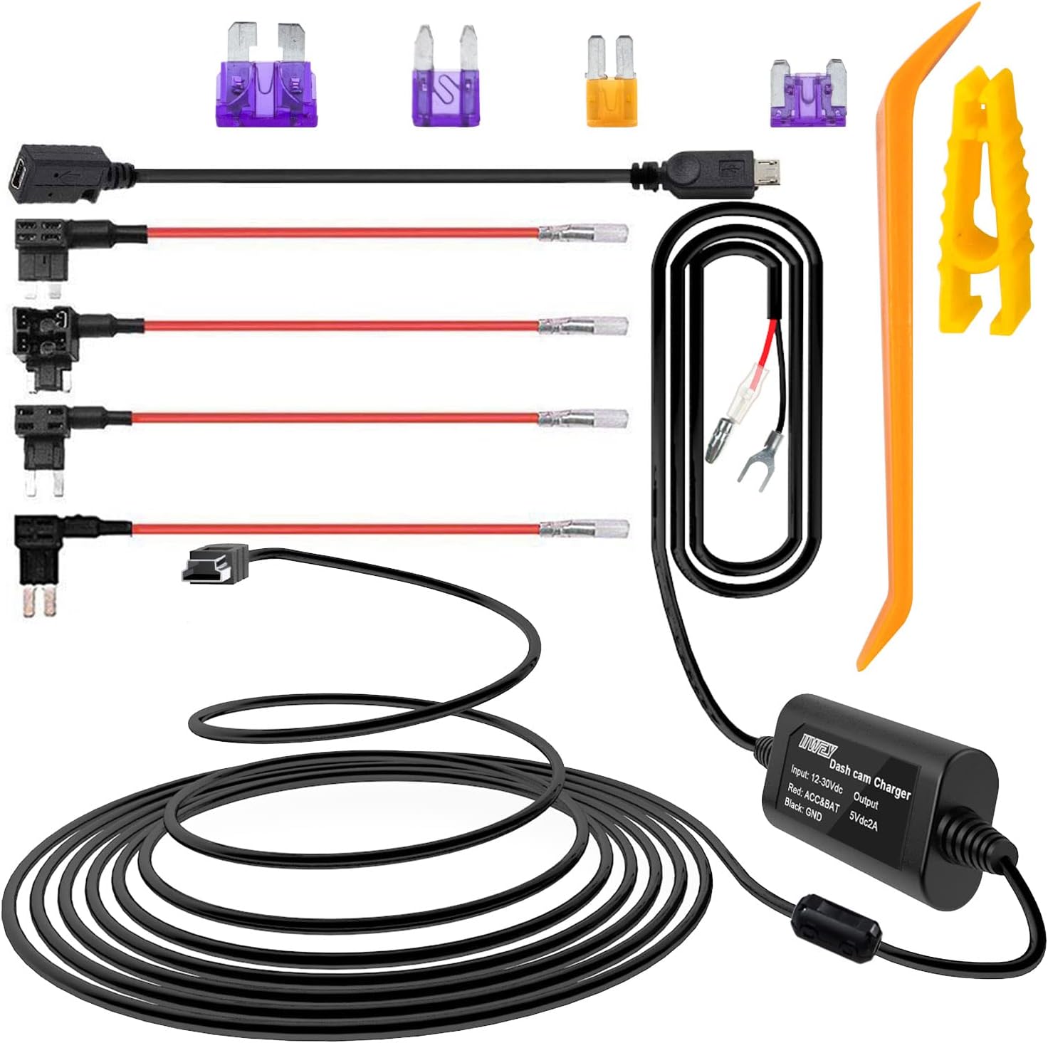 iiwey Dash Cam Hardwire Kit, 4 Meter Dashboard Camera Car Charger Cable Kit 12V- 24V to 5V, Power Adapter with LP/Mini/ATO/Micro2 Fuse for Dash Cam (Mini/Micro)