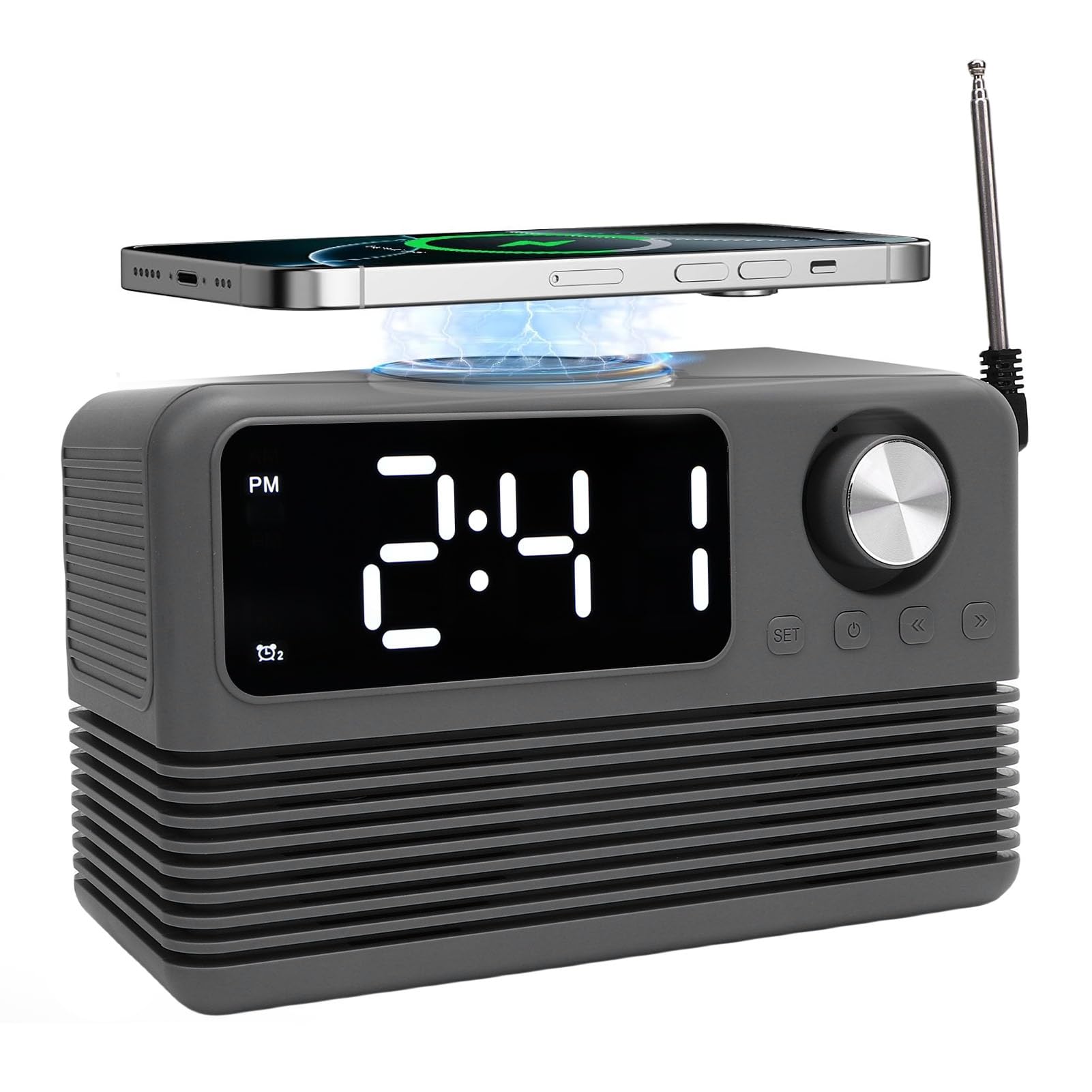 VBESTLIFE Cargador Inalámbrico Rápido de 15W con Altavoz Bluetooth y Radio de Reloj de Alarma, 4 en 1 Estación de Carga Inalámbrica para Teléfonos con Radio FM para Dormitorio (Grey)